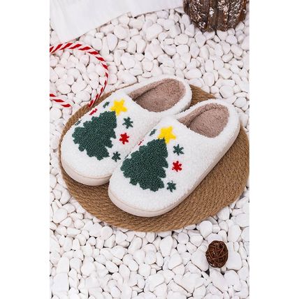White Fuzzy Christmas Tree Pattern Home Slippers