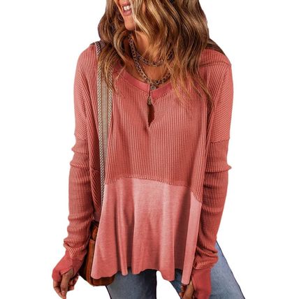 Mineral Red Exposed Seam Slit Neck Waffle Knit Patchwork Top