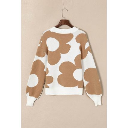 Khaki Big Flower Pattern Drop Shoulder Sweater