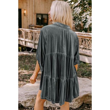 Dark Grey 3/4 Sleeve Tunic Babydoll Velvet Shirt