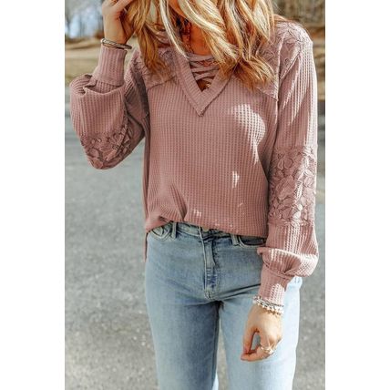 Pink Lace Waffle Patchwork Strappy V Neck Long Sleeve Top