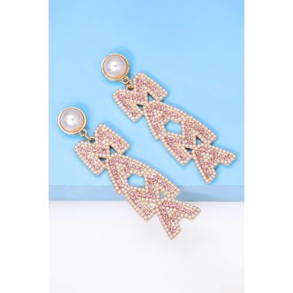 Apricot Pink MAMA Rhinestone Pearl Dangle Stud Earrings