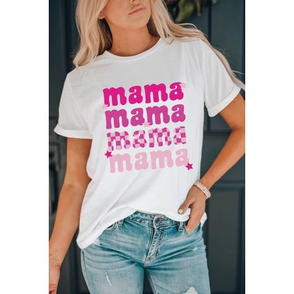 White Round Neck mama Graphic Casual Tee