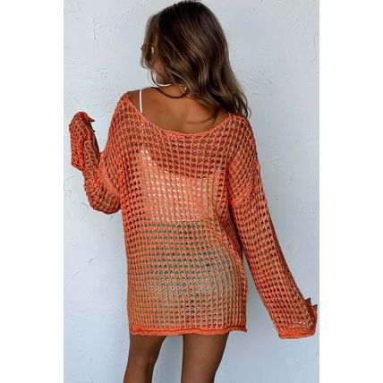 Orange Open Knit Crochet Bell Sleeve Tunic Sweater