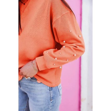 Blossom Pearled Sleeves Drop Shoulder Round Neck Pullover Sweatshirt