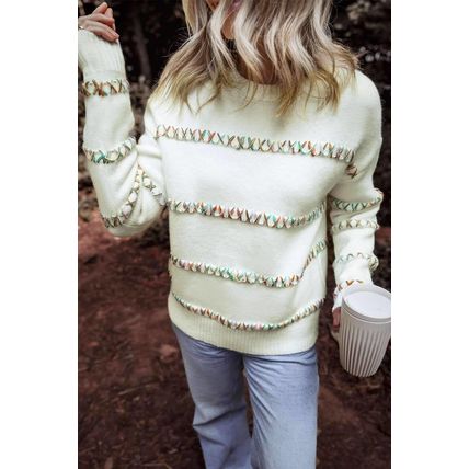 White Colorful Crossed Stitch Drop Shoulder Sweater