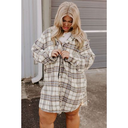 White Plaid Print Tunic Plus Size Shacket with Slits