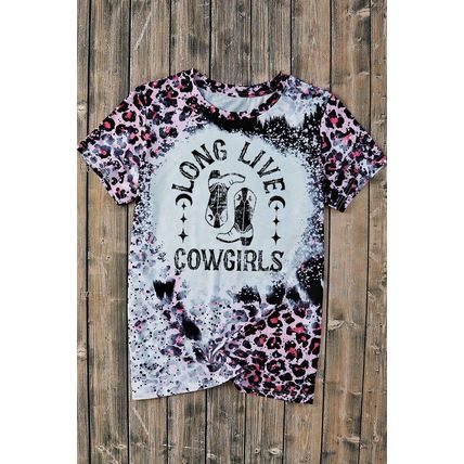 Pink Cowgirls Boots Leopard Bleached Crew Neck T Shirt