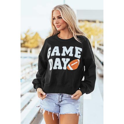Black GAME DAY Graphic Varsity Pullover Sweatshirt