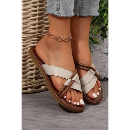 White Criss Cross PU Leather Flat Slippers