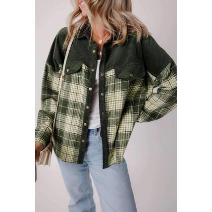 Blackish Green Snap Buttons Colorblock Plaid Shacket