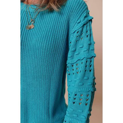 Turquoise Ruffled Eyelet Bubble Sleeve Sweater