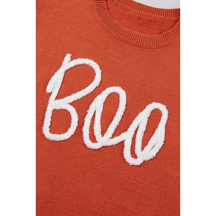 Orange Boo Knitted Pattern Ribbed Edge Drop Shoulder Sweater