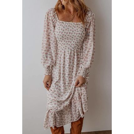 White Floral Print Shirred Ruffled Hem Square Neck Midi Dress