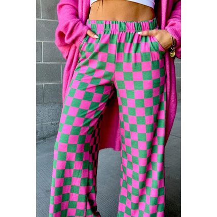 Green 2-Tone Checked Print High Waist Wide Leg Pants