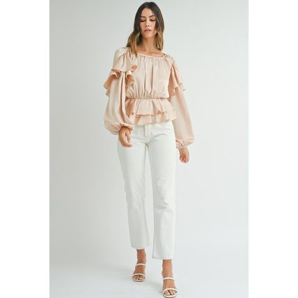 Oatmeal Lace-up Keyhole Back Ruffled Peplum Blouse