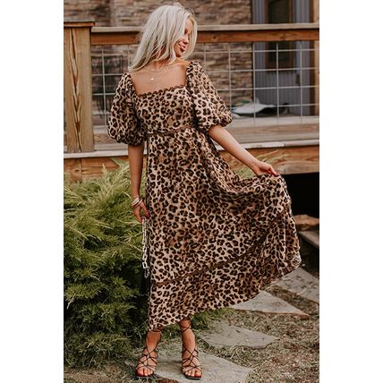 Brown Leopard Print Bubble Sleeve Square Neck Maxi Dress