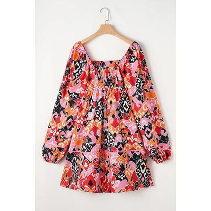 Pink Bohemian Square Neck Puff Sleeve Mini Dress