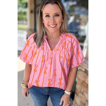 Rose Bowknot Print Shirred V Neck Puff Sleeve Plus Size Blouse