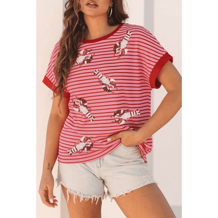 Pink Stripe Sequin Crawfish Crewneck T Shirt