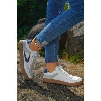 Navy Blue Color Contrast PU Leather Lace-up Sneakers