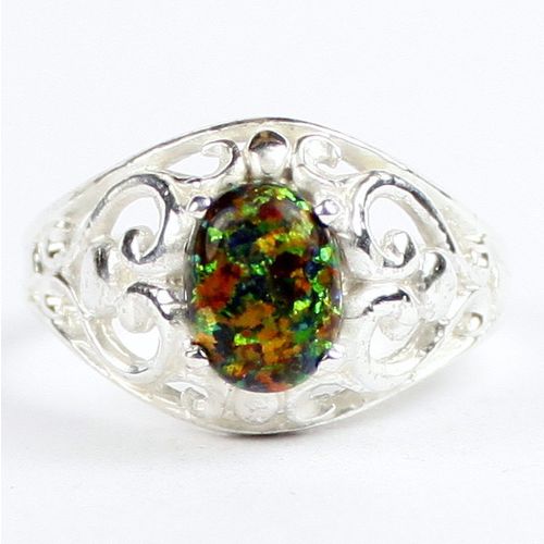 Created Black Opal, 925 Sterling Silver Ladies Ring, SR111