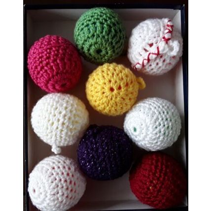 Hand made crochet Christmas baubles using upcycled plastic balls # lucky dip x8