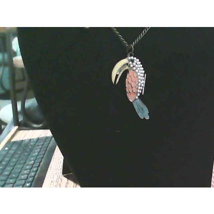 Blue Green Gold Toucan tropical bird long bill toucan 30" chain necklace pendant
