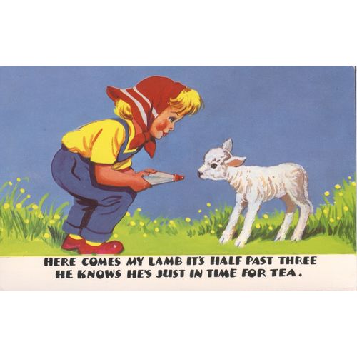 Vintage Greetings Card - Here comes my lamb it's half past three. He knows......