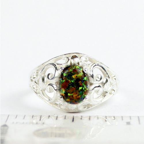 Created Black Opal, 925 Sterling Silver Ladies Ring, SR111