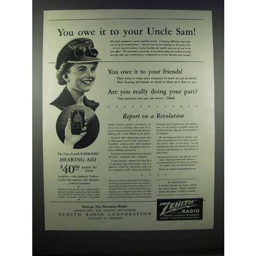 1944 Large Zenith Radionic Hearing Aid Ad - Owe Uncle Sam