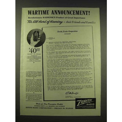 1944 Zenith Radionic Hearing Aid Ad - Wartime