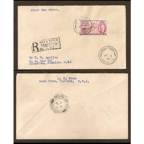 British Virgin Islands REGISTERED FDC 1951 Road Town to Kingston Jamaica