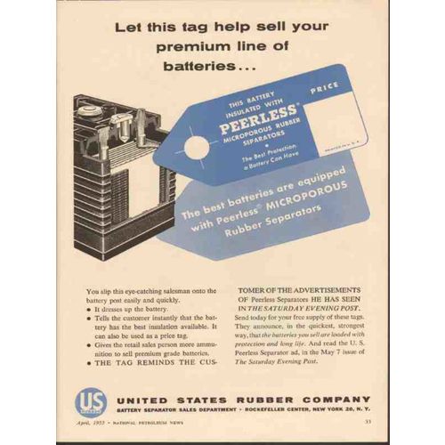 UNITED STATES RUBBER COMPANY 1955 sell premium batteries vintage ad