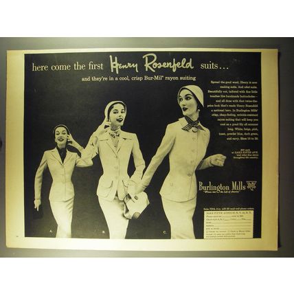 1950 Burlington Mills Henry Rosenfeld Suits Ad - Here comes the first