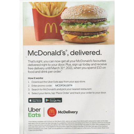 McDonalds small flyer U.K 2021 Uber eats / McDelivery