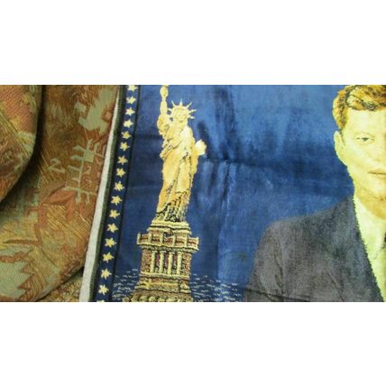 Vintage 1964 JFK John Kennedy President Cotton Rug Tapestry Wall Art 19" x 36"