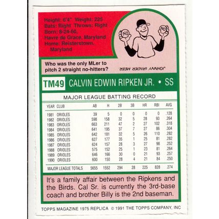 1991 Topps Magazine baseball TM49 Cal Ripken Jr. insert card –NM- Orioles