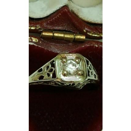 Art Deco 14k White Gold Engagement .20ct Brilliant Cut Diamond Filigree Ring