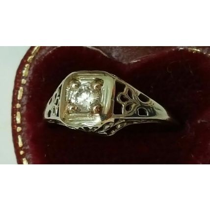Art Deco 14k White Gold Engagement .20ct Brilliant Cut Diamond Filigree Ring