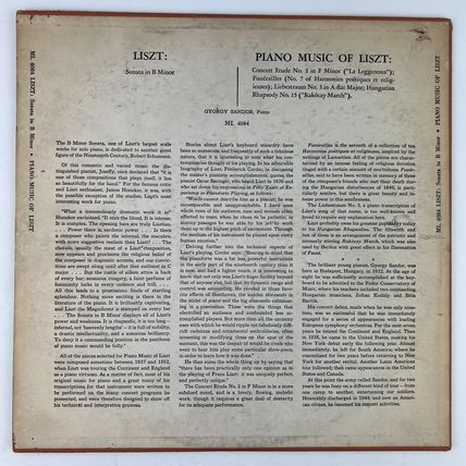 Franz Liszt - Piano Music Of Liszt Vinyl LP Record Album ML-4084