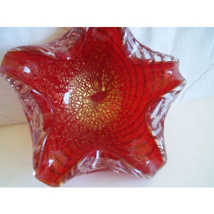 Vintage Barovier & Tosco Zebrati Ruby Red Bullicante Glass Bowl Gold Fleck Italy