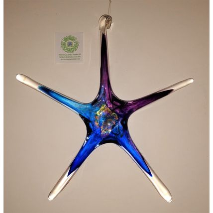 SIGNED HANDBLOWN ART GLASS HANGING STAR or STARFISH BLUE PURPLE & CLEAR