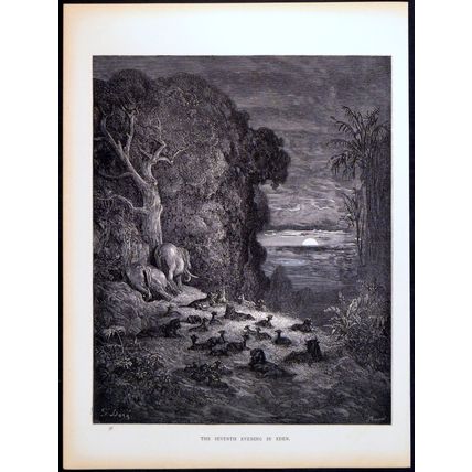 SEVENTH EVENING IN EDEN 1885 Gustave Doré - John Milton ANTIQUE ENGRAVING