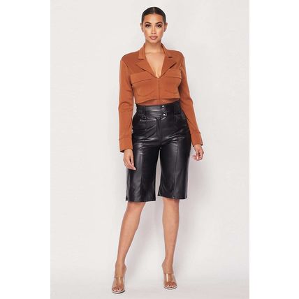 Deep-v Cropped Power Shoulder Blazer Bodysuit