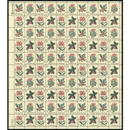 Holly Christmas Sheet of One Hundred 5 Cent Postage Stamps Scott 1254-57