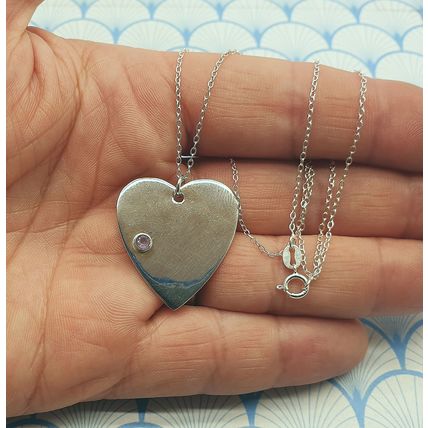 Vintage 925 Solid Sterling Silver and Amethyst Large Heart Pendant Necklace