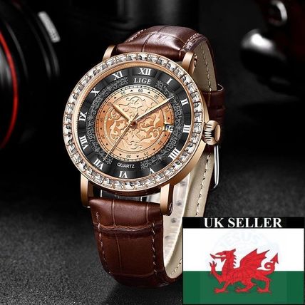 Gents Black & Gold Face Crystal Bezel Sony Battery Brown Leather Strap Watch