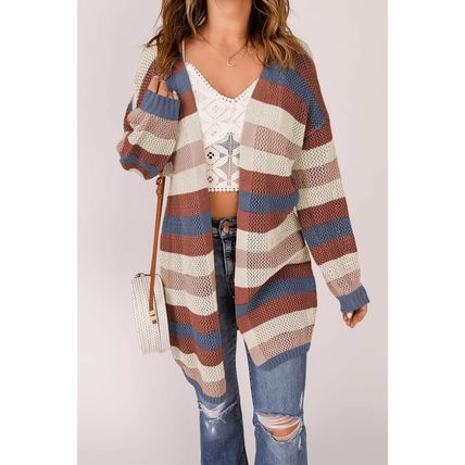 Blue Striped Color Block Hollowed Knit Cardigan