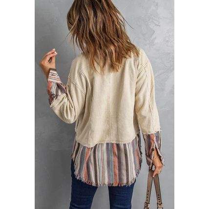 Button Up Pockets Striped Color Block Corduroy Jacket